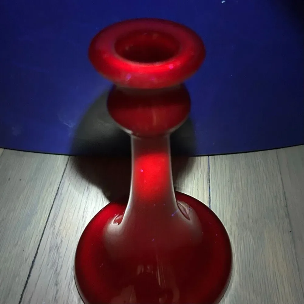 1920’s Northwood Glass Chinese Coral Red Candlestick Rainbow Line Cadmium UV Glo